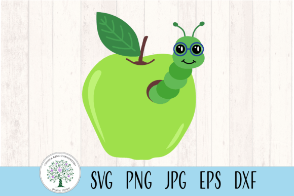Green Apple with Cute Bookworm Teacher Graphics